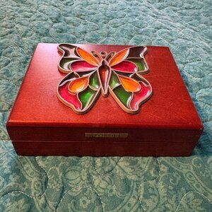 Vintage Fossil Jewelry Wooden Box w/Stained-Glass Style Butterfly on Lid